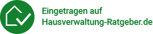 Eine Verlinkung mit Grüner Schrift und den Text Eingetragen auf Hausverwaltung-Ratgeber.de Links Daneben ist ein Symbol welches ein Haus und einen Pfeil zeigt.
